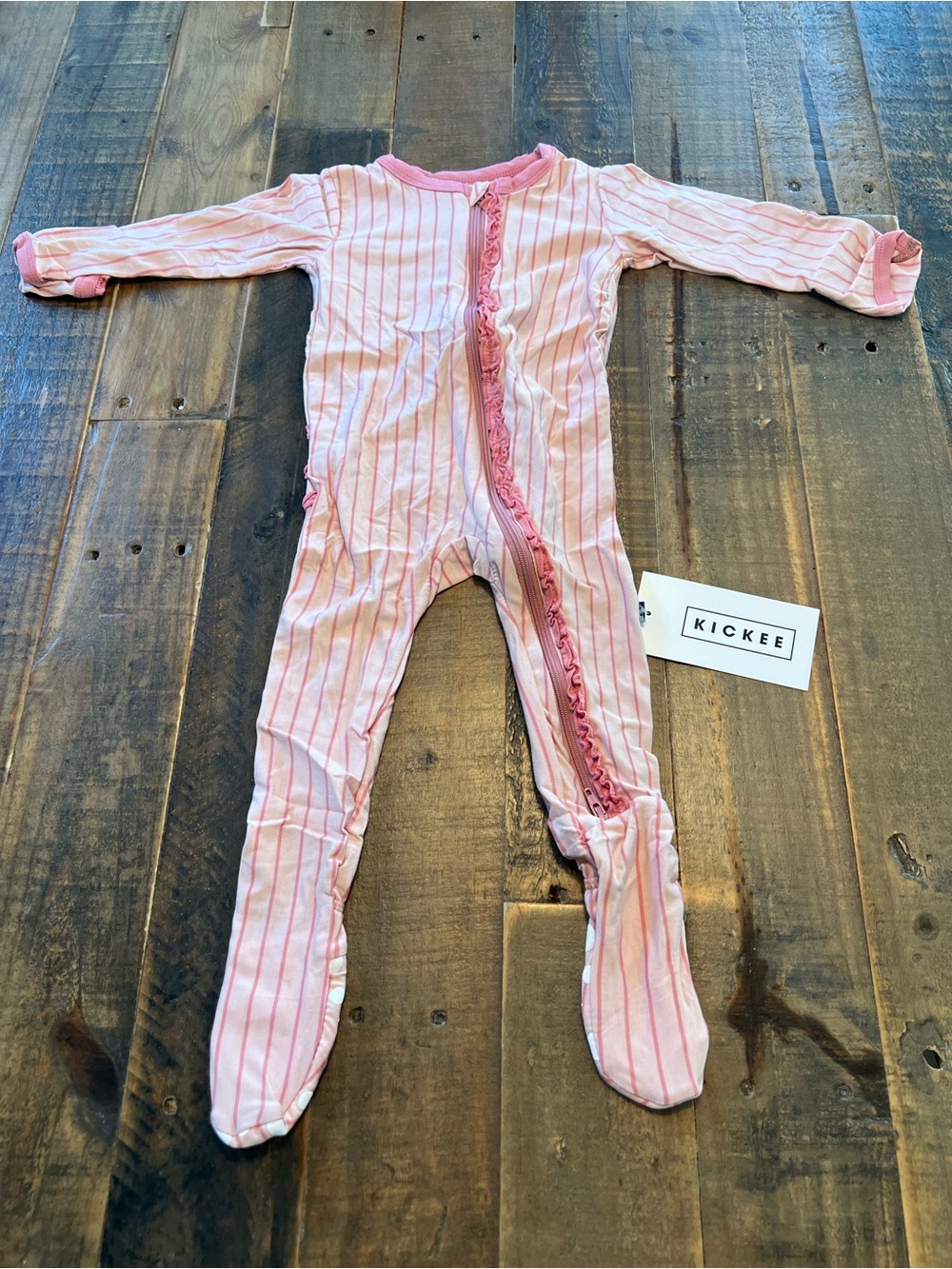 Kickee Pants size 6-9 months pink stripe ruffle with two way zipper footie new